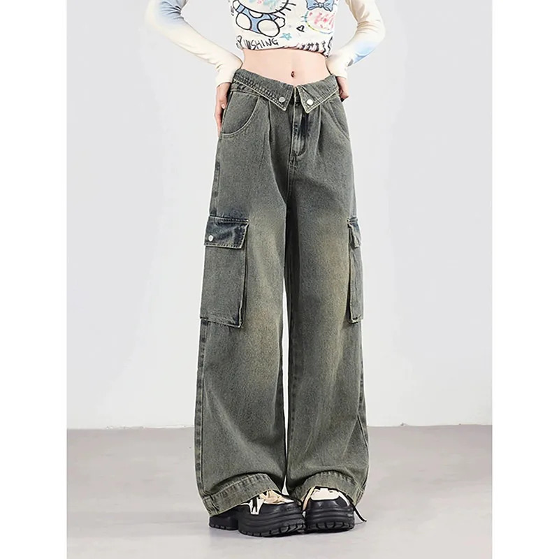 Vintage Y2K High Waist Baggy Blue Jeans - Women's Denim Trousers with 90s Aesthetic