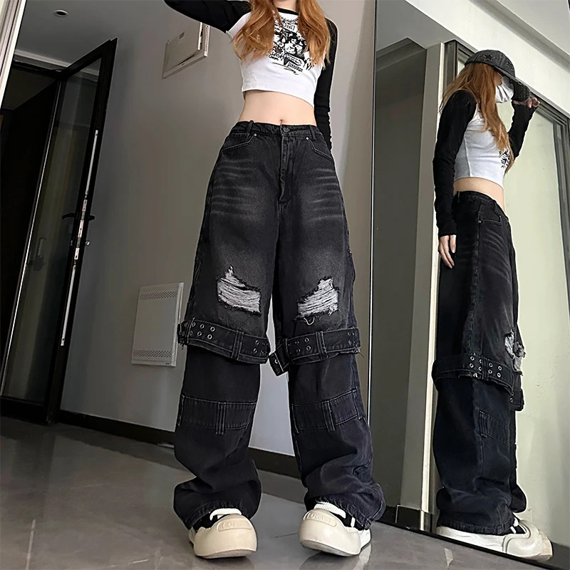 Vintage Y2K High Waist Black Jeans - American Streetwear Fashion with Worn-out Detail