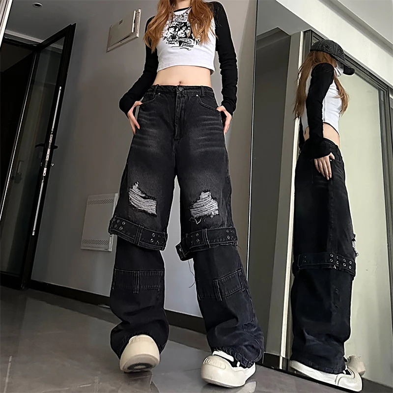 Vintage Y2K High Waist Black Jeans - American Streetwear Fashion with Worn-out Detail