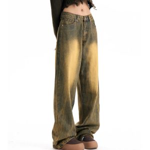 Vintage Y2K Style Blue Women's Jeans - Worn-out Straight Baggy Pants - American Fashion Streetwear - 202