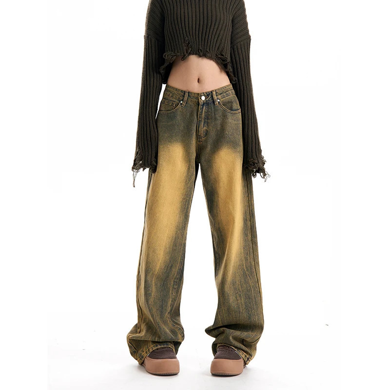 Vintage Y2K Style Blue Women's Jeans - Worn-out Straight Baggy Pants - American Fashion Streetwear - 202