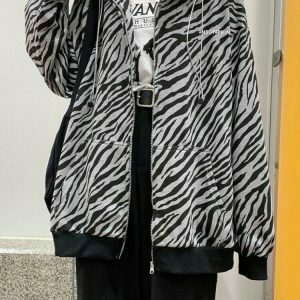 Vintage Zebra-Printed Loose Hoodie - Y2K & 90s Fashion, Grunge, Retro, Summer & Party Out