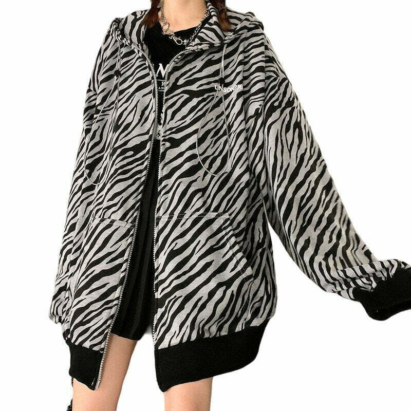 Vintage Zebra-Printed Loose Hoodie - Y2K & 90s Fashion, Grunge, Retro, Summer & Party Out