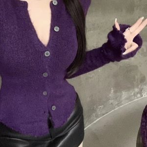 Violet V-Neck Cardigan - Y2K Summer & 90s Fashion, Grunge, Retro, Pastel