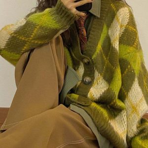 Warm Vibes Green Argyle Cardigan Sweater - Y2K & 90s Fashion, Grunge, Retro,