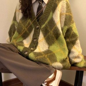 Warm Vibes Green Argyle Cardigan Sweater - Y2K & 90s Fashion, Grunge, Retro,