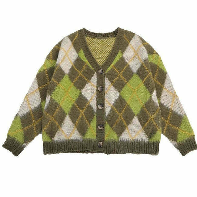 Warm Vibes Green Argyle Cardigan Sweater - Y2K & 90s Fashion, Grunge, Retro,