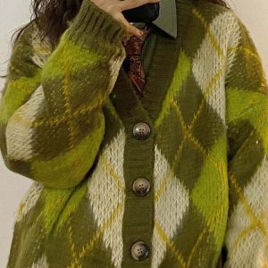 Warm Vibes Green Argyle Cardigan Sweater - Y2K & 90s Fashion, Grunge, Retro,