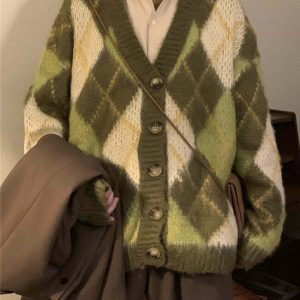 Warm Vibes Green Argyle Cardigan Sweater - Y2K & 90s Fashion, Grunge, Retro,