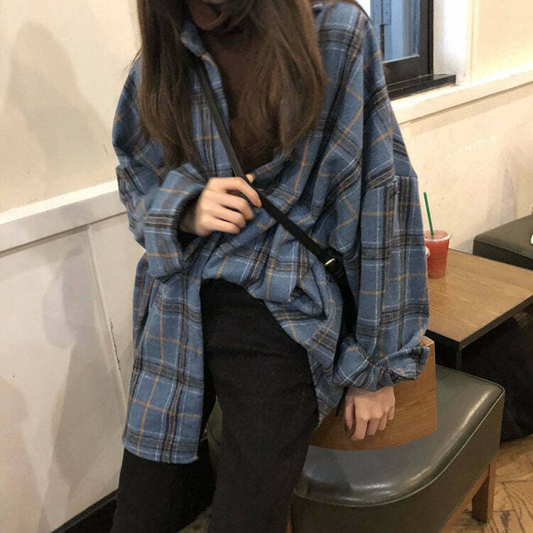 Warm Vibes Oversized Plaid Shirt - Y2K Grunge 90s Fashion, Retro Summer Outfit, Pastel