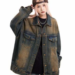 Washed Brown Loose Denim Jacket - Y2K & 90s Fashion, Grunge, Retro, Summer & Party Out