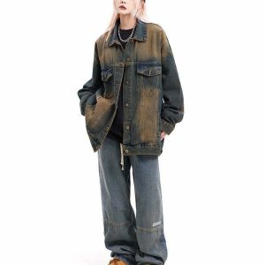 Washed Brown Loose Denim Jacket - Y2K & 90s Fashion, Grunge, Retro, Summer & Party Out