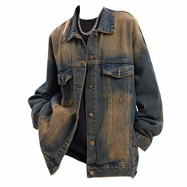 Washed Brown Loose Denim Jacket - Y2K & 90s Fashion, Grunge, Retro, Summer & Party Out