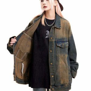 Washed Brown Loose Denim Jacket - Y2K & 90s Fashion, Grunge, Retro, Summer & Party Out