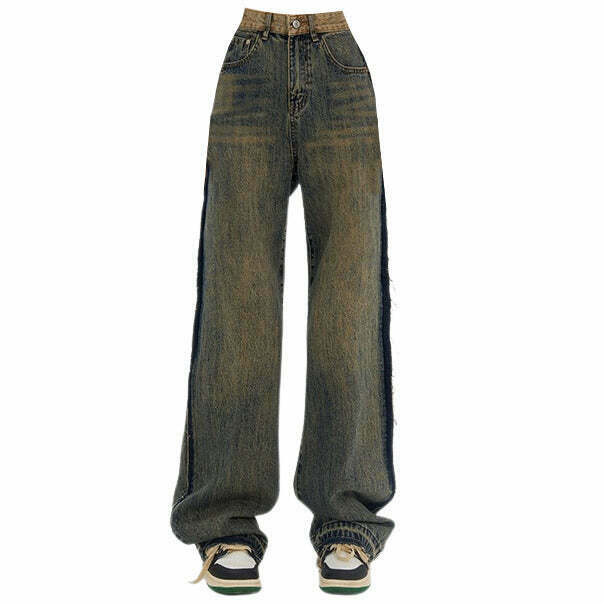 Washed Brown Y2K Jeans with Contrast Pocket - 90s Grunge, Retro, and Summer Y2K Fashion