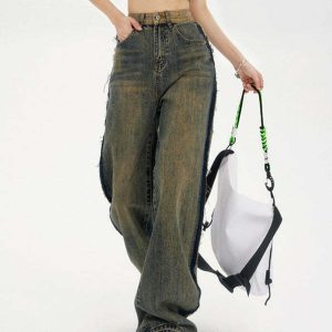 Washed Brown Y2K Jeans with Contrast Pocket - 90s Grunge, Retro, and Summer Y2K Fashion