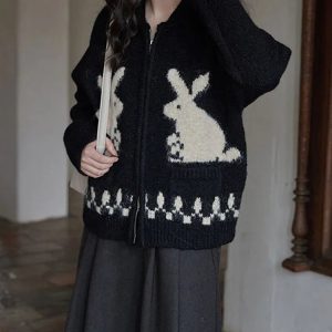 Whimsical Bunny Motif Zip-Up Cardigan - Y2K Summer, 90s Fashion, Grunge, Retro