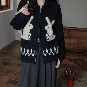 Whimsical Bunny Motif Zip-Up Cardigan - Y2K Summer, 90s Fashion, Grunge, Retro