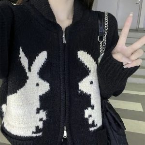 Whimsical Bunny Motif Zip-Up Cardigan - Y2K Summer, 90s Fashion, Grunge, Retro