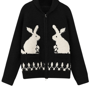 Whimsical Bunny Motif Zip-Up Cardigan - Y2K Summer, 90s Fashion, Grunge, Retro