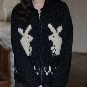 Whimsical Bunny Motif Zip-Up Cardigan - Y2K Summer, 90s Fashion, Grunge, Retro