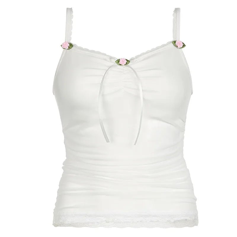 White Bow Lace Camis Top - Y2K Summer Outfit, 90s Fashion, Grunge, Retro, Pastel