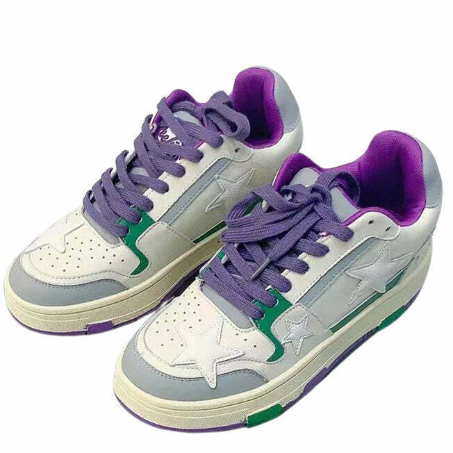 White & Purple Aesthetic Star Sneakers - Y2K & 90s Fashion, Grunge, Retro, Pastel Goth