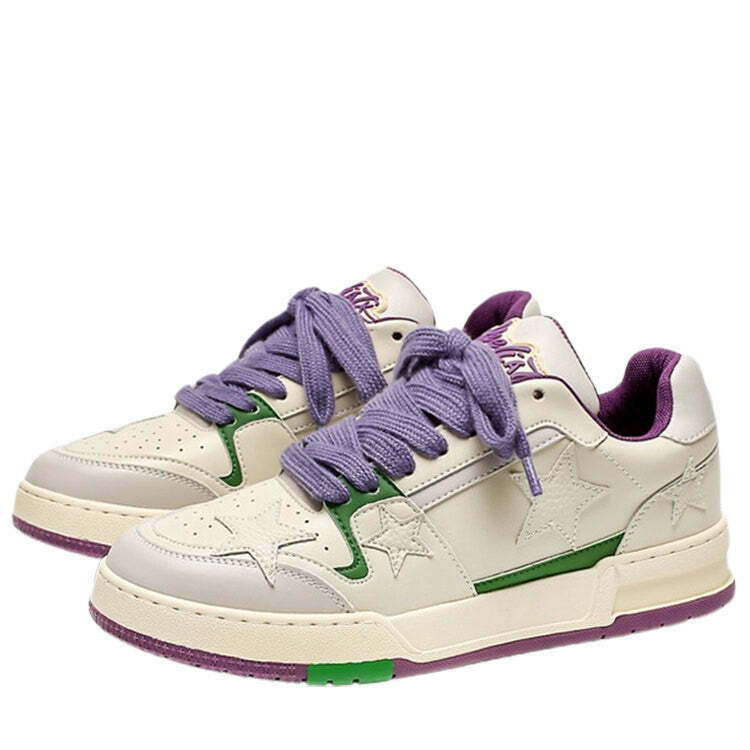 White & Purple Aesthetic Star Sneakers - Y2K & 90s Fashion, Grunge, Retro, Pastel Goth