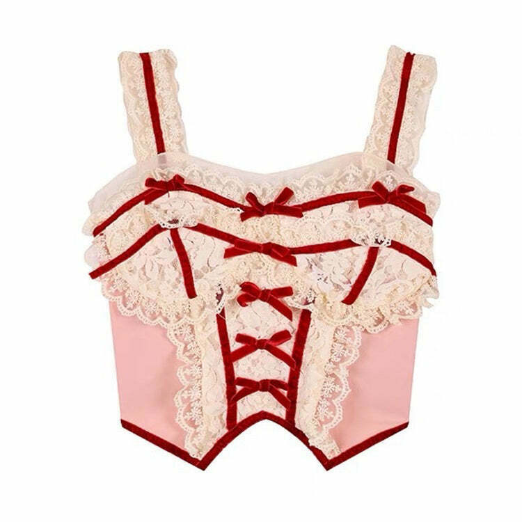 White & Red Coquette Lace Corset Top - Y2K & 90s Fashion, Grunge, Retro, Summer