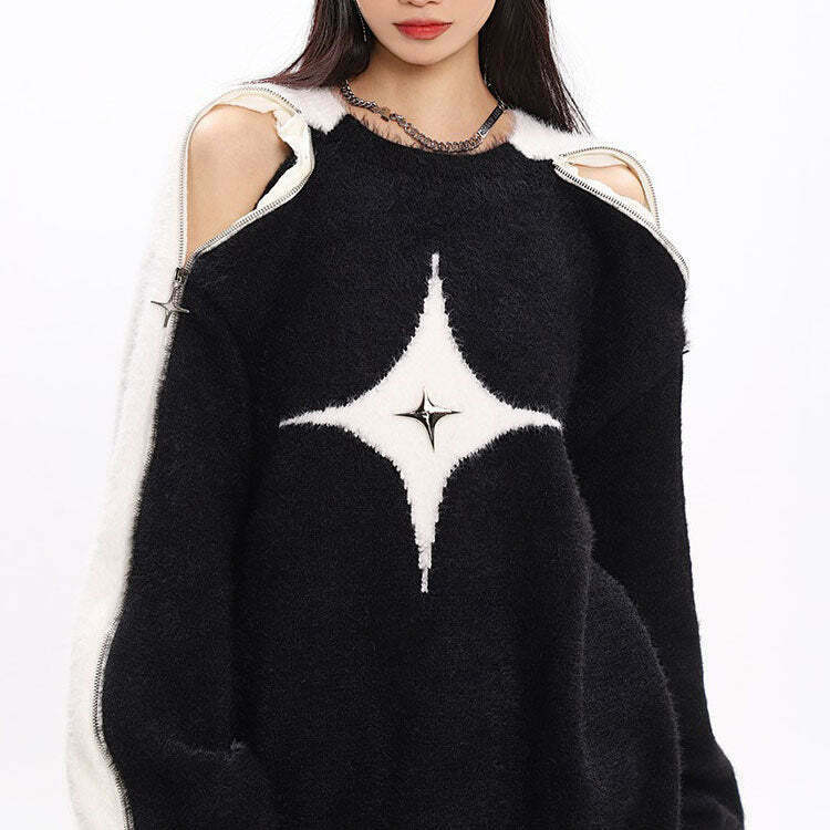 White Star Open-Shoulder Sweater - Y2K & 90s Fashion, Grunge, Retro, Summer &