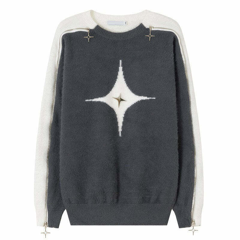 White Star Open-Shoulder Sweater - Y2K & 90s Fashion, Grunge, Retro, Summer &