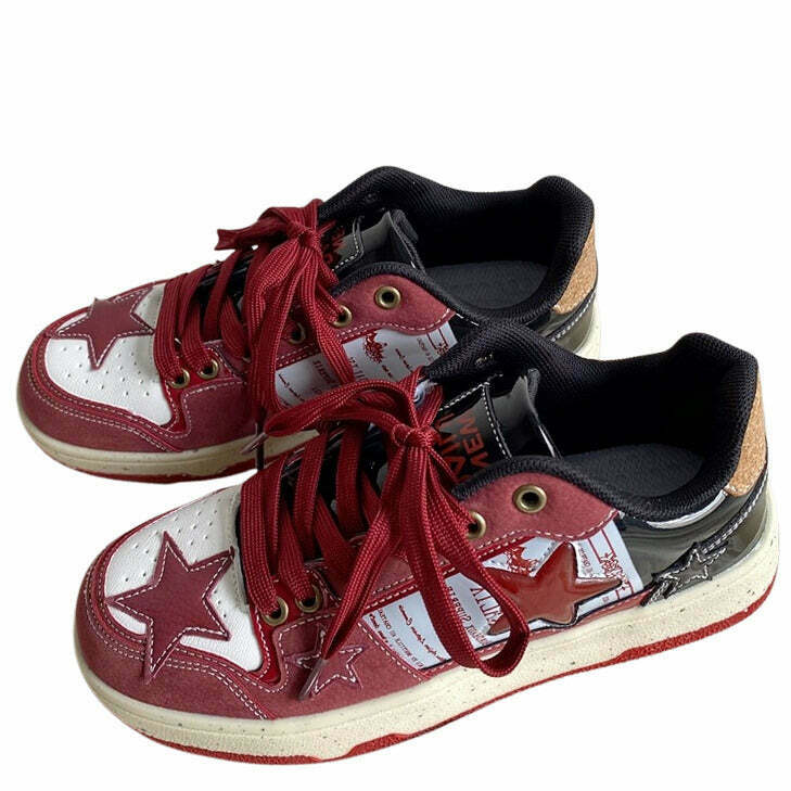 Wine Red Star Sneakers - Y2K & 90s Fashion, Grunge, Retro, Hip Hop, Summer & Party