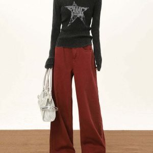 Wine Red Wide-Leg Jeans - Y2K & 90s Fashion, Grunge, Retro, Summer & Party Out