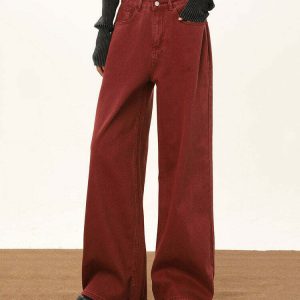 Wine Red Wide-Leg Jeans - Y2K & 90s Fashion, Grunge, Retro, Summer & Party Out