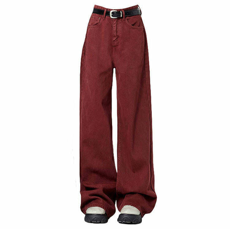 Wine Red Wide-Leg Jeans - Y2K & 90s Fashion, Grunge, Retro, Summer & Party Out