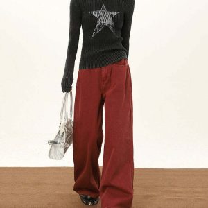 Wine Red Wide-Leg Jeans - Y2K & 90s Fashion, Grunge, Retro, Summer & Party Out