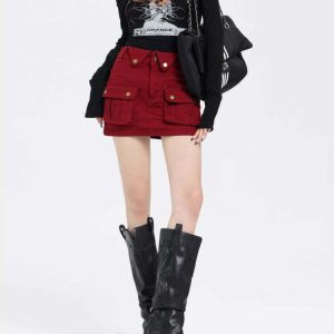 Wine Red Zip Front Mini Skirt - Y2K Summer Outfit, 90s Fashion, Grunge, Retro Style,