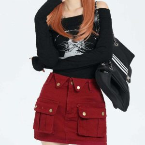 Wine Red Zip Front Mini Skirt - Y2K Summer Outfit, 90s Fashion, Grunge, Retro Style,