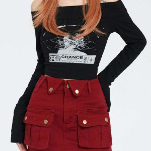 Wine Red Zip Front Mini Skirt - Y2K Summer Outfit, 90s Fashion, Grunge, Retro Style,