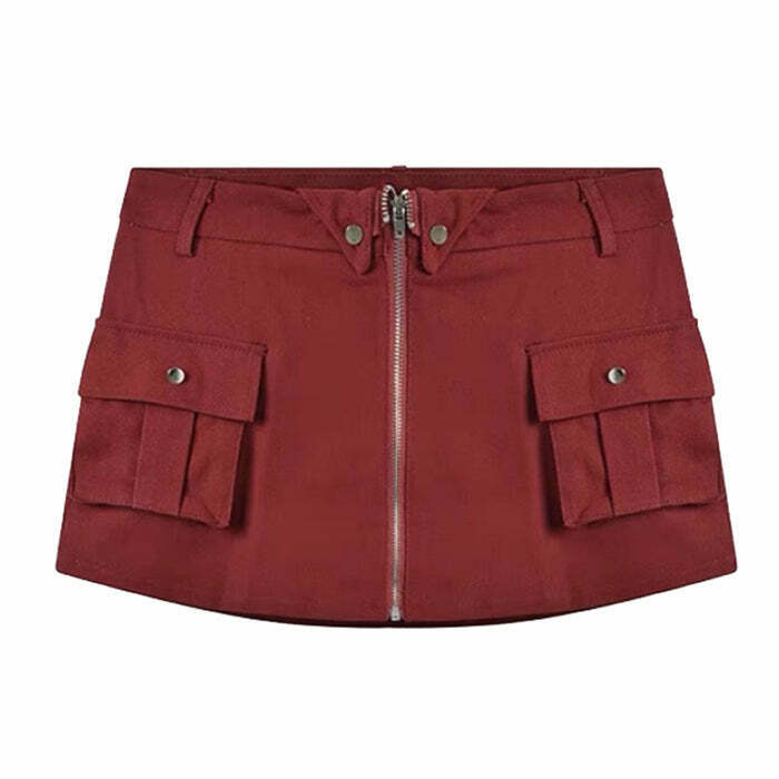 Wine Red Zip Front Mini Skirt - Y2K Summer Outfit, 90s Fashion, Grunge, Retro Style,