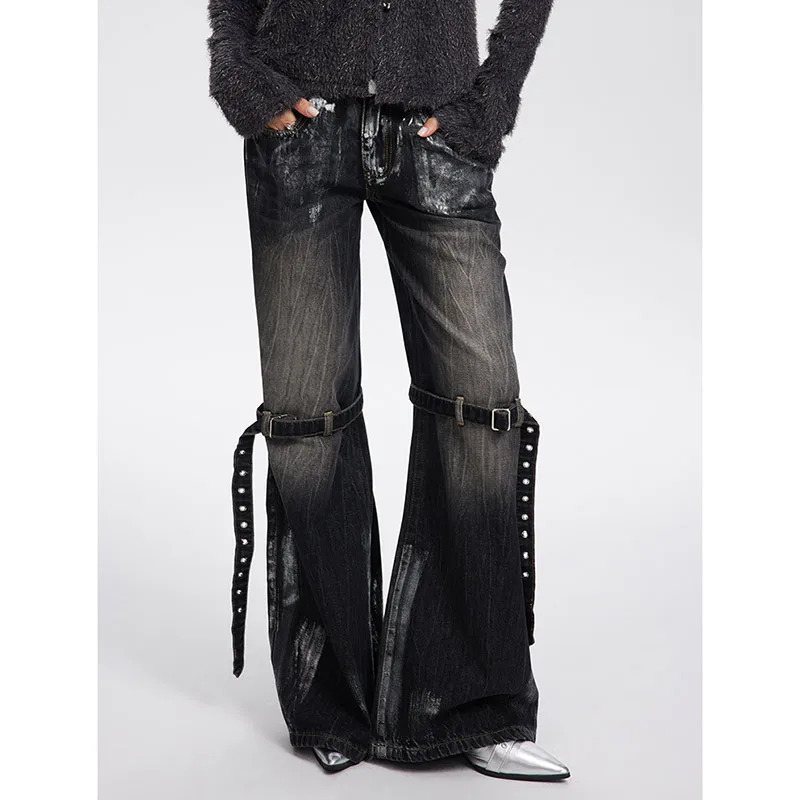 Women's Black Gothic Cargo Jeans - Vintage High Waist Harajuku Denim Trousers for Y2K and 90