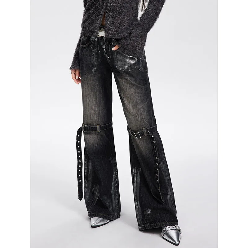 Women's Black Gothic Cargo Jeans - Vintage High Waist Harajuku Denim Trousers for Y2K and 90