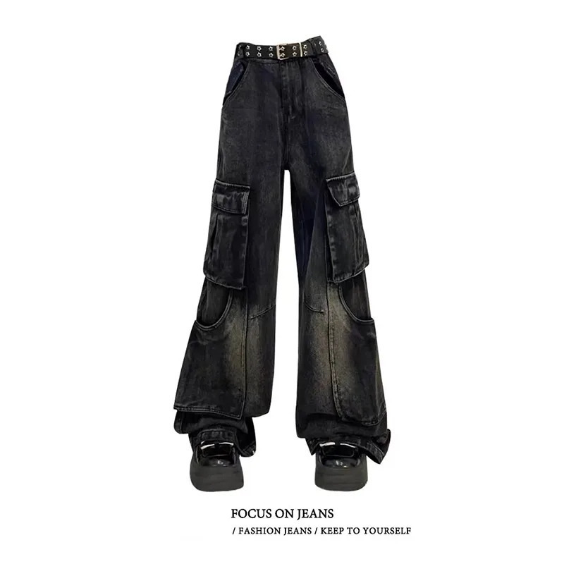 Women's Black Gothic Cargo Jeans Vintage Korean 90s Aesthetic Y2k Denim Trousers - Harajuku