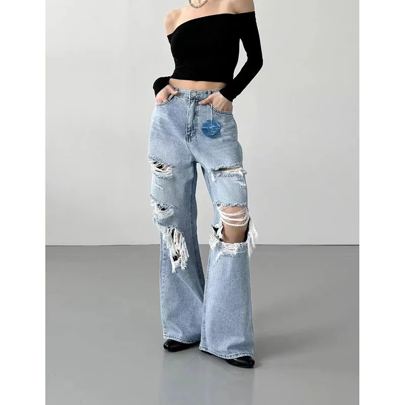 Women's Blue Gothic Y2k Cargo Jeans - Harajuku 2000s Trashy Ripped Denim Trous