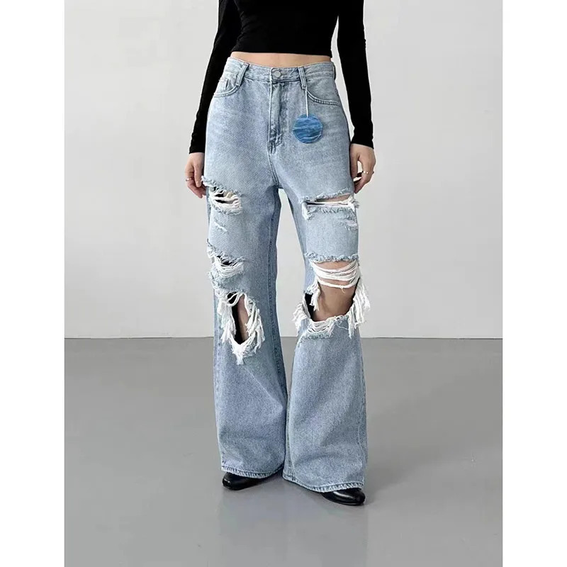 Women's Blue Gothic Y2k Cargo Jeans - Harajuku 2000s Trashy Ripped Denim Trous