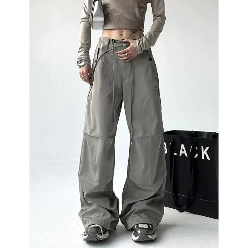 Women's Grey Drawstring Cargo Pants - Y2K High Waist Pocket Straight Pants