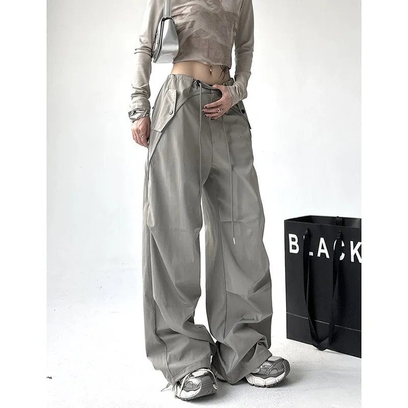 Women's Grey Drawstring Cargo Pants - Y2K High Waist Pocket Straight Pants