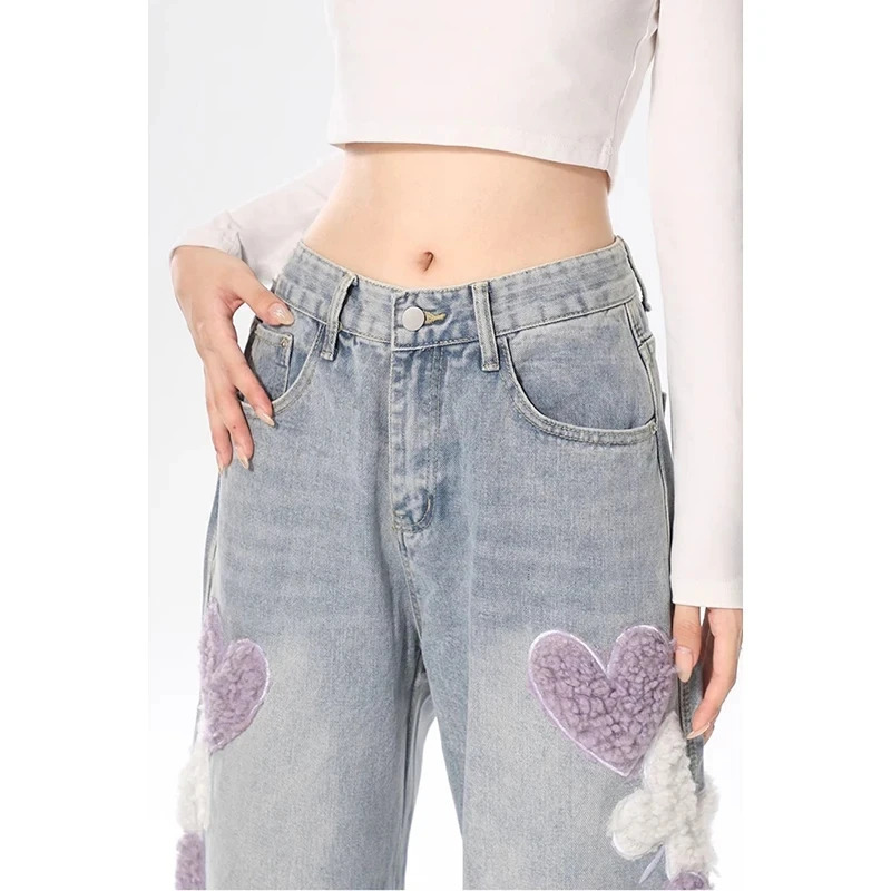 Women's Light Blue Y2k Jeans Vintage Embroidery Cowboy Pants Harajuku Straight Denim Trousers -