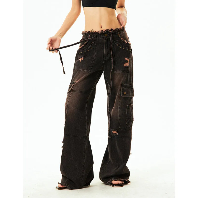 Women's Vintage High Waist Gothic Cargo Jeans - Y2K 90s Grunge Harajuku Denim Trousers