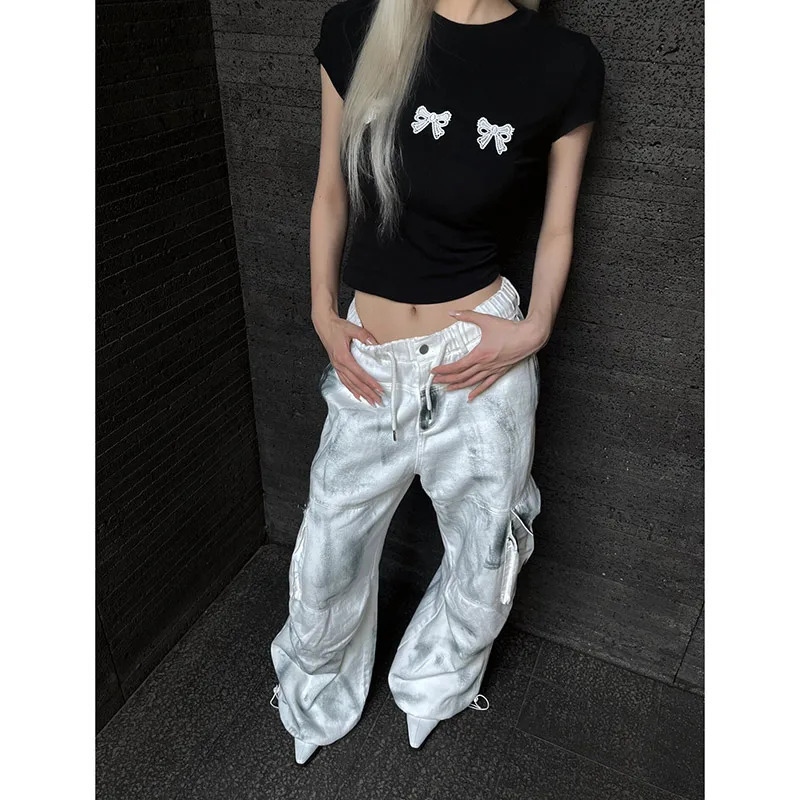 Women's White Cargo Jeans Y2k 90s Vintage High Waist Wide Leg Denim Trousers - Harajuku